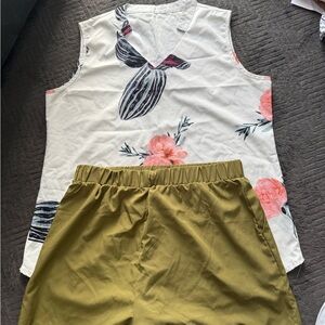 Floral Sleeveless Top and Olive Shorts Set
